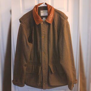 Orvis Wool & Leather Hunting Shooting Field Jacket L Herringbone Lined Full Zip
